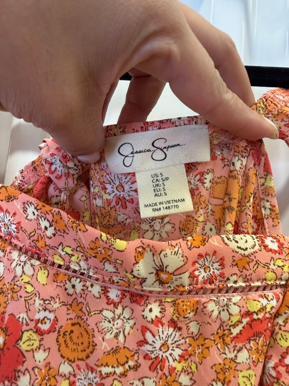 Jessica Simpson S Floral Mini Dress Pink Orange Tie Front Ruffle Hem Summer Boho - Picture 4 of 4